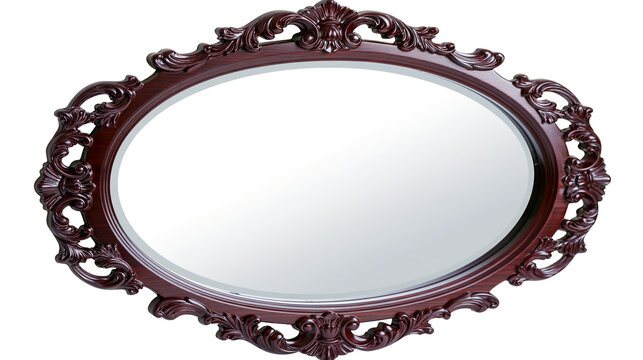 Ornate oval dark wood baroque mirror with intricate carvings, isolated on transparent background