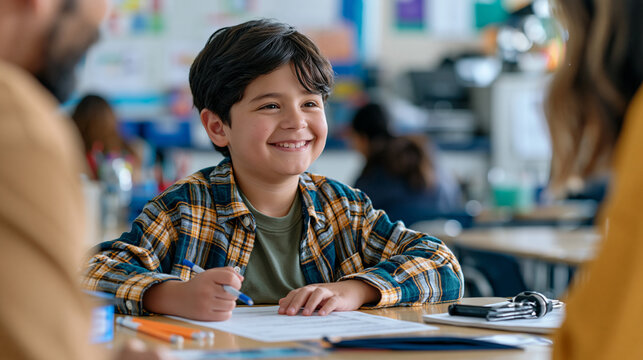 Young student smiling while receiving positive feedback from a teacher on completed classroom assignment encouraging educational moment ultra photorealism, cinematic color correction, natural uneven