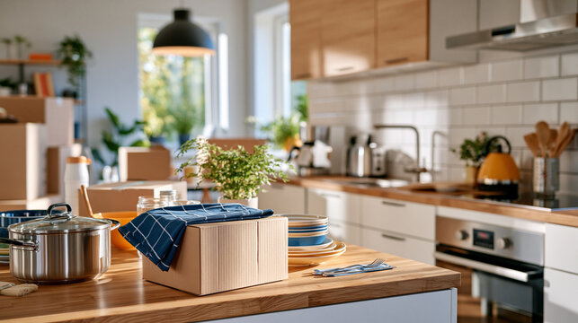 Bright modern kitchen filled with moving boxes as homeowners pack dishes cookware and small appliances before relocating to a new home ultra photorealism, cinematic color correction, natural uneven 