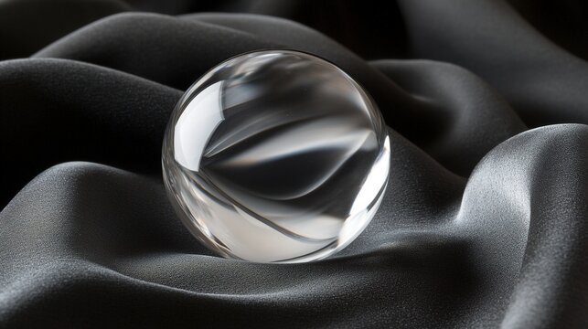 internal. A glowing crystal sphere resting on dark velvet fabric, reflective surface with soft internal light. lifestyle magazines.