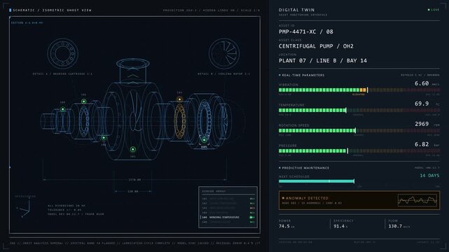 Explore the intricate digital twin interface showcasing a 3D wireframe industrial turbine with real-time telemetry and maintenance predictions in a sleek, high-tech layout.