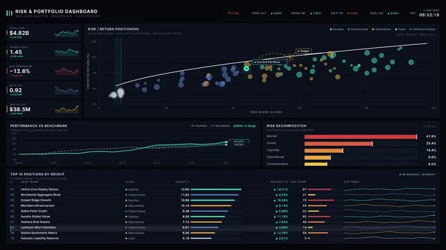 Explore a sophisticated financial services analytics dashboard showcasing risk and portfolio management with a dark layout, scatter plot, and performance metrics for investment analysis.