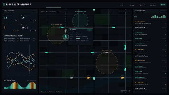 Explore a dark-themed vehicle telemetry dashboard featuring a live fleet map with vehicle status indicators and detailed analytics for fleet management.