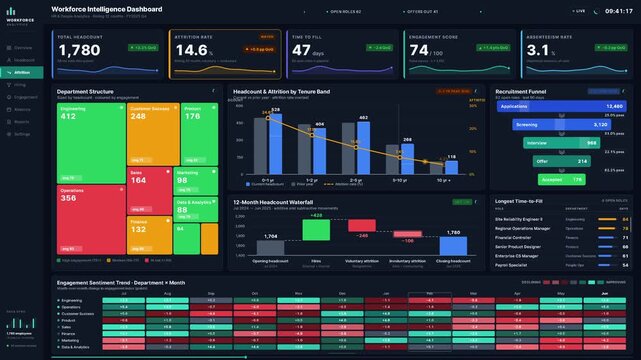 Explore a sleek HR and People Analytics dashboard showcasing workforce intelligence with KPIs, attrition trends, and recruitment insights in a modern design.