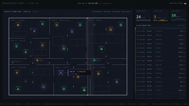 Explore a detailed industrial IoT sensor network map dashboard, featuring a schematic layout with color-coded sensor nodes and real-time data feed for monitoring facility operations.