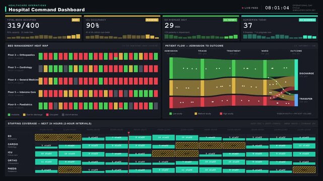 Dynamic hospital command dashboard displaying real-time healthcare operations with capacity metrics, bed management heat map, and patient flow chart for optimal decision-making.