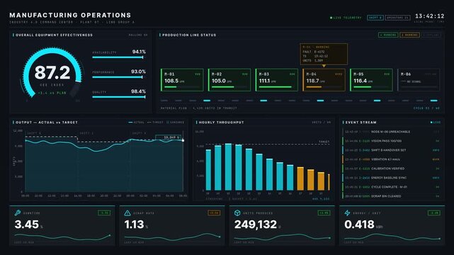 A detailed overview of a dark-mode Industry 4.0 command center dashboard featuring real-time OEE metrics, production line status, and KPI cards in a corporate environment.
