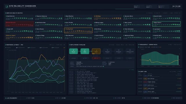 A sleek, dark mode site reliability dashboard interface displaying a multi-region cloud infrastructure with service health metrics, response latency charts, and deployment pipelines.