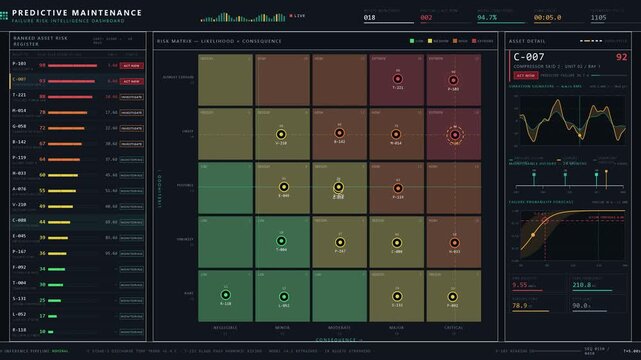 Explore a sophisticated predictive maintenance dashboard with a risk matrix, asset list, and detailed analytics, designed for effective failure risk management in dark mode.