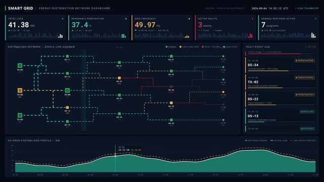 Visual representation of a smart grid energy distribution network dashboard featuring electrical nodes, power lines, and key performance indicators in a utility-grade design.