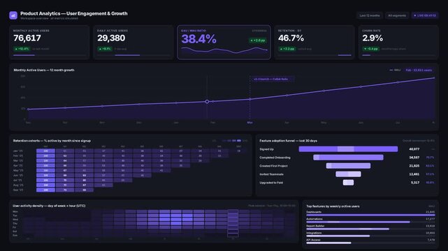 Explore a modern SaaS product analytics dashboard featuring user engagement and growth metrics with a sleek indigo accent color scheme for professional insights.