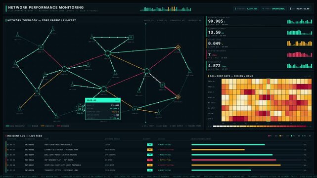 A detailed telecommunications network performance monitoring dashboard showcasing a dynamic topology map with animated traffic flow and key performance indicators in dark mode.