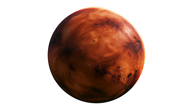Red planet Mars with visible craters and surface details, isolated on transparent background