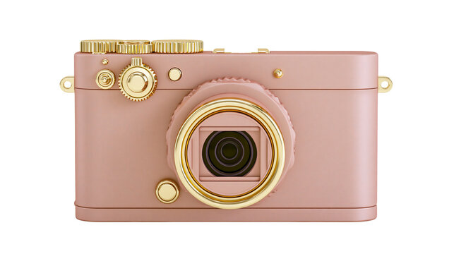 Dusty rose retro camera with gold accents, isolated on transparent background