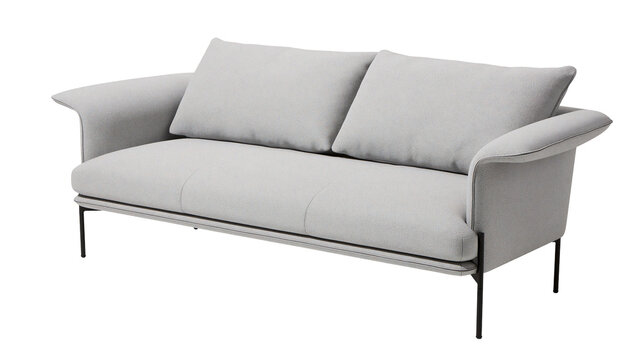Light grey fabric sofa with two cushions, isolated on transparent background