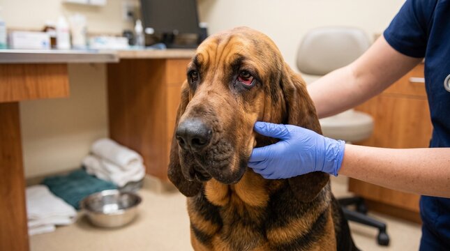 Dog ectropion portrait, drooping lower eyelid exposing red tissue in veterinary consultation room