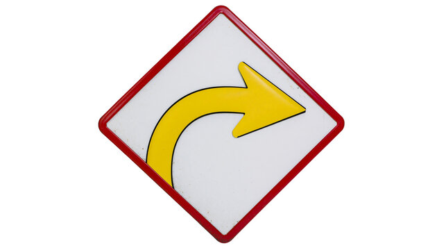 Yellow arrow on white diamond sign with red border, isolated on transparent background