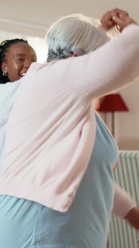 Doctor, dancing and old woman at house with smile, good news or celebrate for positive diagnosis. Flare, happy worker or senior person in home with rhythm, music therapy or spin for treatment success