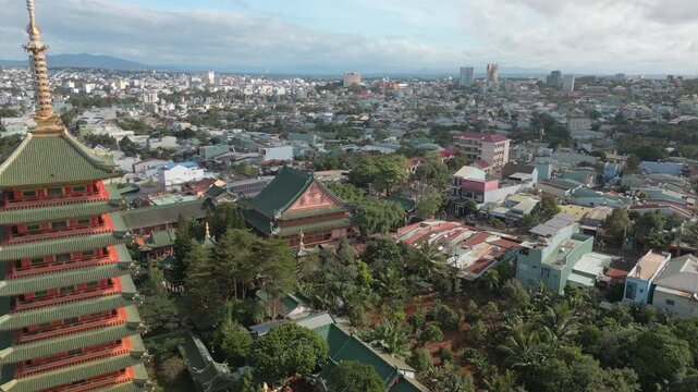 Unique Temple Minh Thanh Pagoda At Sunrise In Pleiku Central Vietnam Drone Track Back 4K 30FPS