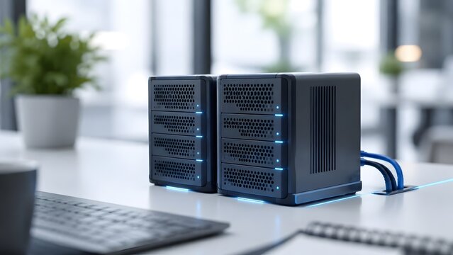 Compact network attached storage NAS devices on modern office desk with glowing blue cables for small business data backup and cloud hosting.
