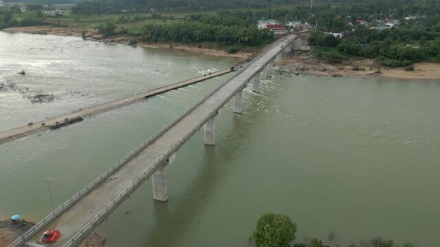 New Bridge Under Construction Central Vietnam Traffic Uses Alternative Route Drone Track In Overhead 4K 30FPS