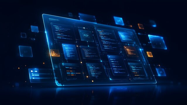 Floating futuristic digital dashboard displaying programming code flowcharts and software development algorithms on a dark background