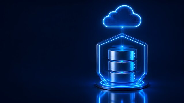 Cloud computing security and data protection concept with glowing blue neon cloud symbol above a shielded metallic server database