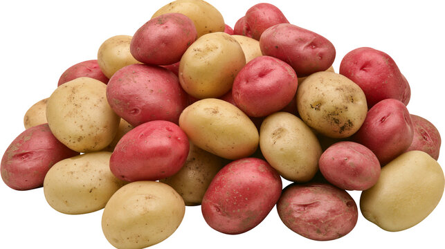 Pile of red and yellow baby potatoes, isolated on transparent background