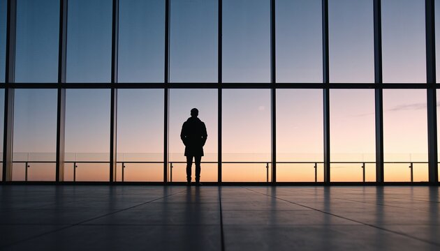 Standing dark figure in terminal in coat, window mullions, railing and tiled floor mirroring dawn