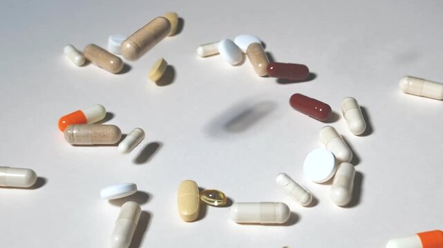 Multicolored capsule for various ailments drop and bouncing on white background Healthy lifestyle, taking vitamins Medicine and medication concept Slow motion
