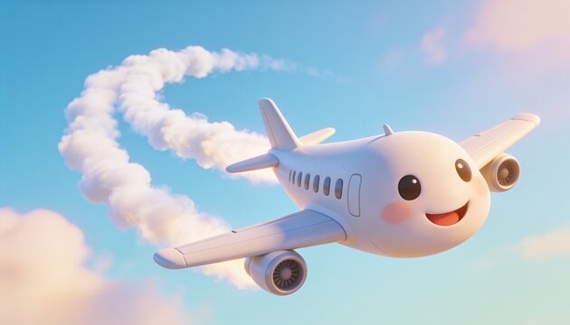 Flying cartoon passenger airplane showing smiling face through pastel sky, with spiraling contrail