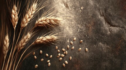 Fototapeta premium Ripe wheat stalks and grains are scattered across a dark, textured surface.