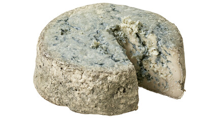 Fototapeta premium Crusty blue cheese wheel with a slice removed, isolated on transparent background