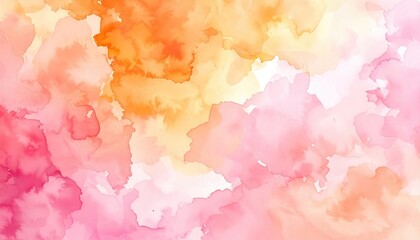 Fototapeta premium Abstract watercolor painting with blended orange, pink, and yellow hues creating a soft, dreamy, flowing effect