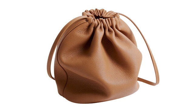 Brown pebbled leather drawstring pouch bag with thin strap, isolated on transparent background