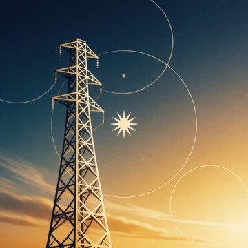 Retro pylon silhouetted against a gradient sky with abstract graphic elements. Use: science illustration, retro poster, energy concept.