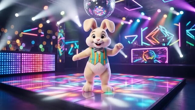 Cartoon bunny dancing energetically on colorful disco floor with neon lights and disco balls. Playful easter rabbit in striped vest and bow tie enjoying vibrant party atmosphere. Fun festive