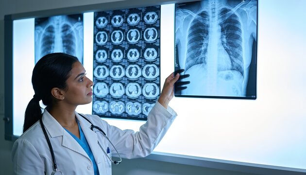 Holding chest X-ray, doctor in lab-coat, blue-scrubs inspecting at lightbox showing CTs, copy space