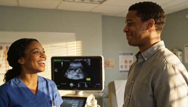 Smiling sonographer in blue scrubs and patient viewing fetal sonogram at clinic with ultrasound gel