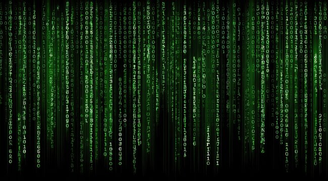 A mesmerizing digital cascade of luminous green characters, representing binary code, flowing downwards against a black backdrop