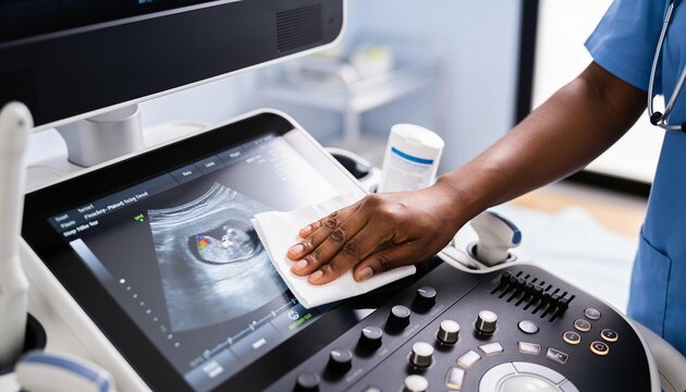 Wiping tech cleaning touchscreen showing fetal sonogram with color Doppler in clinic, scrubs