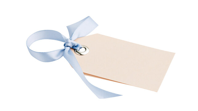 Blank peach paper tag with silver grommet and light blue satin ribbon bow, isolated on transparent background