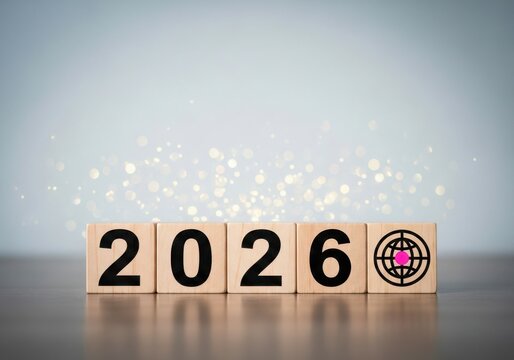 Wooden blocks displaying the year 2026 with a target icon for business planning and future goal setting