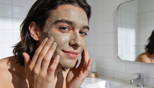 Applying bare-chested man smoothing green clay mask at bathroom sink, with jar and mirror