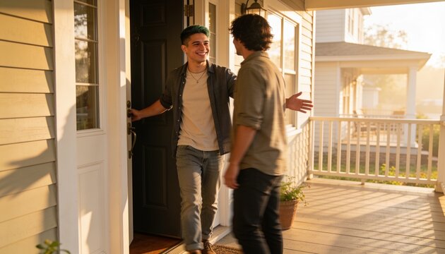 Greeting two adult men wearing casual shirts at front doorway, holding door open with welcome mat