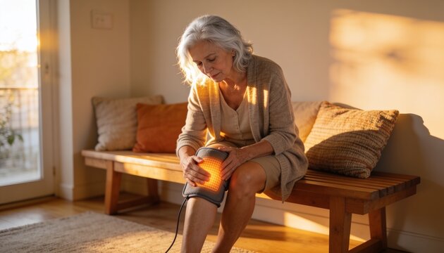 Applying senior woman in cardigan and shorts holding glowing heating pad to right knee at home