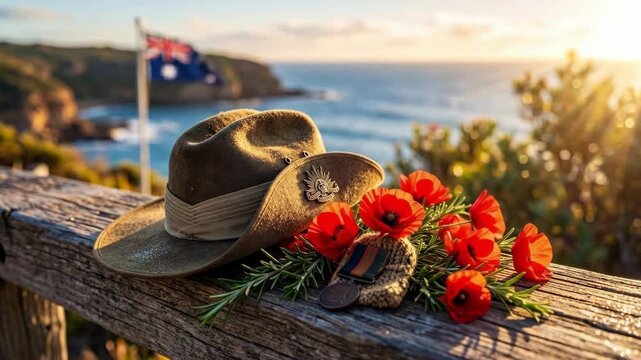 Australian slouch hat with red poppies rosemary and medal on wooden railing. Anzac day remembrance overlooking ocean cliffs and flag at sunset. Patriotism and veteran tribute concept