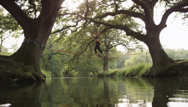 Balancing woman walking on slackline above river, wearing sports bra, cropped leggings with webbing