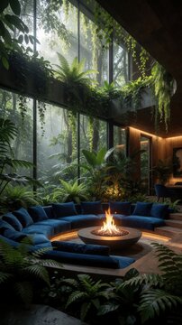 Luxurious circular sofa surrounding a modern fire pit with lush jungle greenery and natural light.