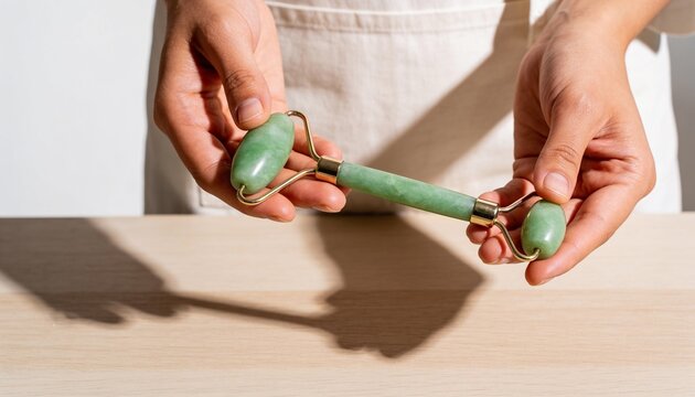Holding hands in beige apron rolling green jade roller over light wood table, casting shadows